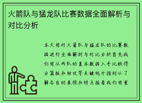 火箭队与猛龙队比赛数据全面解析与对比分析