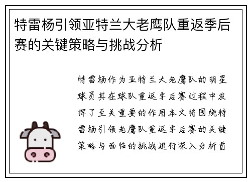 特雷杨引领亚特兰大老鹰队重返季后赛的关键策略与挑战分析